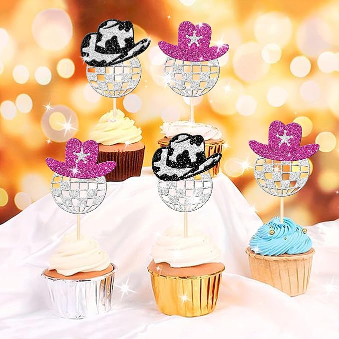 24 PCS Sparkling Disco Ball Cupcake Toppers Western Cowboy Hat Cupcake Picks Cowgirl 70s Disco Balls Cupcake Decorations for 1970s Music Disco Theme Birthday Party Cake Decorations Supplies