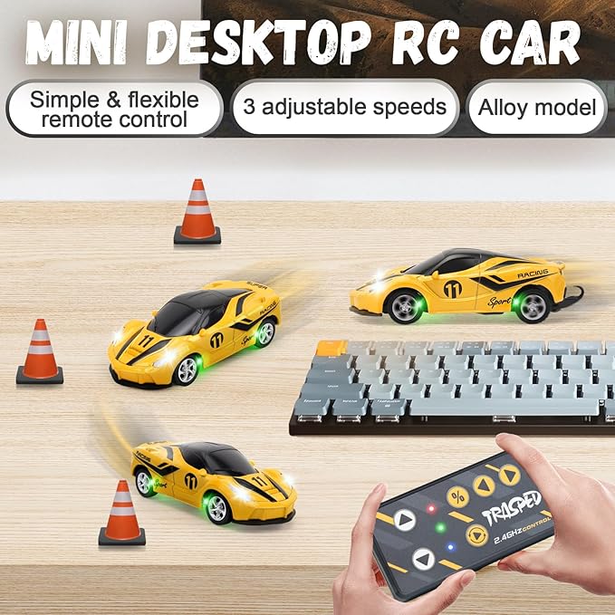 SASBSC 1/64 Mini Rc Car Toys for Boys Age 4-7 8-12, 2.4GHz Small App & Remote Control Cars with 3 Speed Modes for Kids Adults Rechargeable Desktop Toy Race Sports Car Gifts for Birthday (Yellow)
