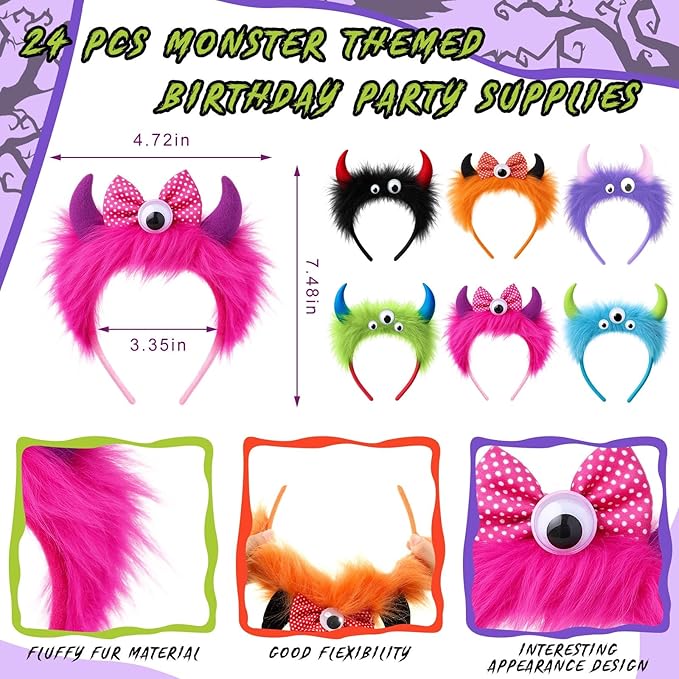 Juexica 24 Pack Monster Party Supplies, Colorful Fur Alien Headbands for Birthday Party Headwear Costume Accessories (Alien Monster)