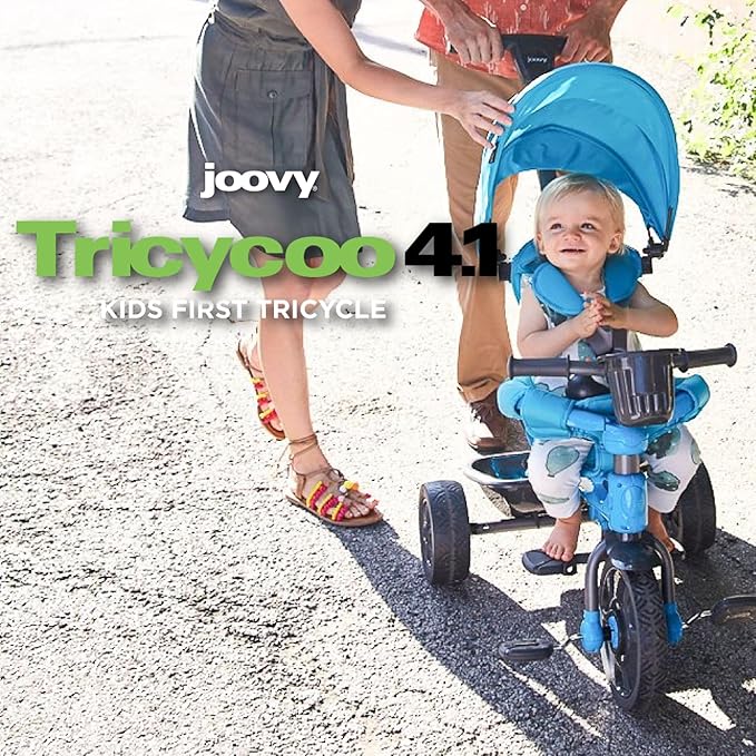 Joovy Tricycoo 4.1 Kids Tricycle with 4-Stages Featuring Extra-Wide Front Tire, Removable and Adjustable Parent Handle, Safety Harness, Machine-Washable Seat Pad, and Retractable Canopy (Blue)