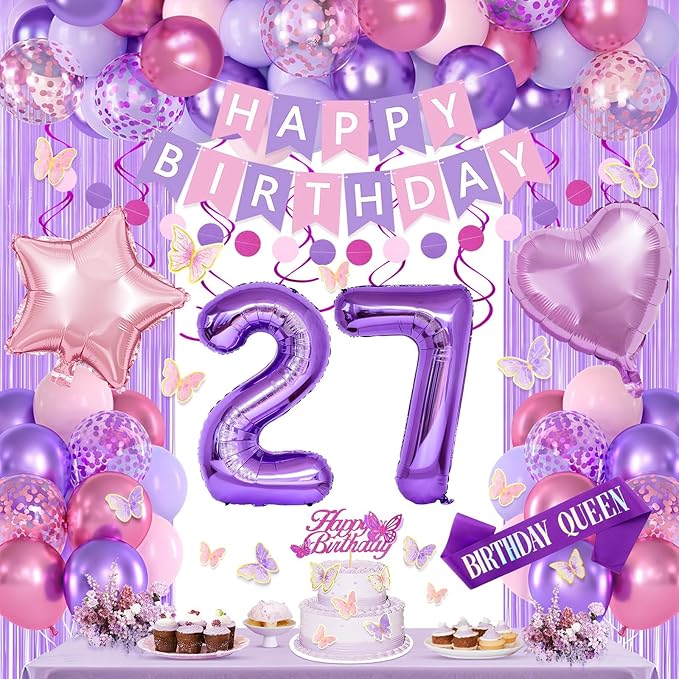27th Purple Birthday Decorations for Women, Pink and Purple Happy 27 Birthday Party Decorations with Happy Birthday Banner, Number Foil Balloons, Butterfly Cake Topper for 27th Party Supplies