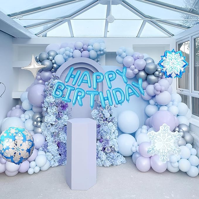 29PC Blue Winter Happy Birthday Balloon Banner, 16Inch 3D Aluminum Letter Banner Sign, White Metallic Blue Silver Snow Balloons 18 Inch Snowflake Foil Balloon for Frozen Party Decorations