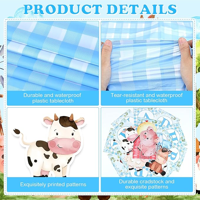 Blue Farm Animals Birthday Party Decorations for Boys Barnyard Baby Shower Supplies Set Includes Happy Birthday Banner Garland Tablecloth Honeycomb Centerpieces Watercolor Cow Pig Sheep Tractor Decor