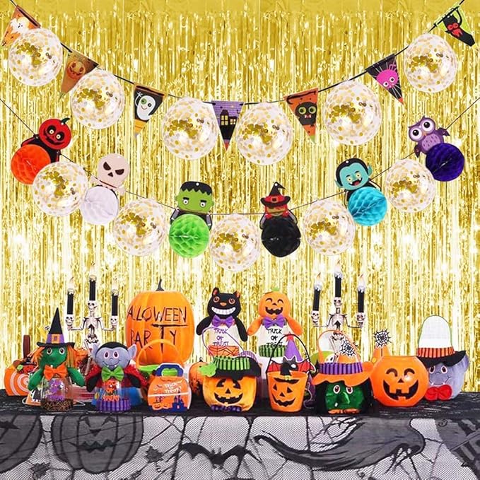 2PCS 3' X 8' Black and Gold Metallic Tinsel Foil Fringe Curtain Backdrop for 2023 New Years Eve, Halloween Party, Graduation Decoration