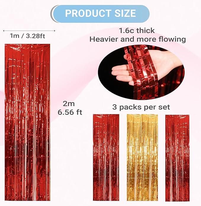 3 Packs Red Gold Foil Fringe Curtains Extra Wide 9.9ft for Birthday Party Tinsel Backdrop Movie Night Decor Farewell Party Streamer,Retirement Decorations, Backdrop for Graduations Each 3.3 x 6.5 ft