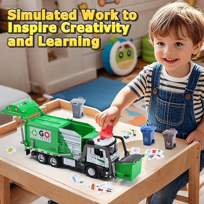 HOLYFUN 12'' Electric Garbage Truck Set with Front Loader/Metal Cab, Friction-Powered Recycling Vehicle with Dumpster, 4 Trash Bins & Sorting Cards, Trash Truck Toy with Lights/Sounds for Kids
