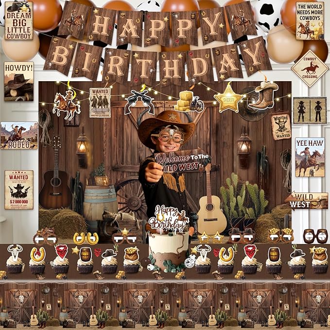Western Party Decorations, Wild West Cowboy Retro Birthday Party Decor Supplies for Boy - Backdrop, Banner, Balloons, Tablecloth, Centerpieces, Hanging Swirl, Paper Glasses, Wall Signs