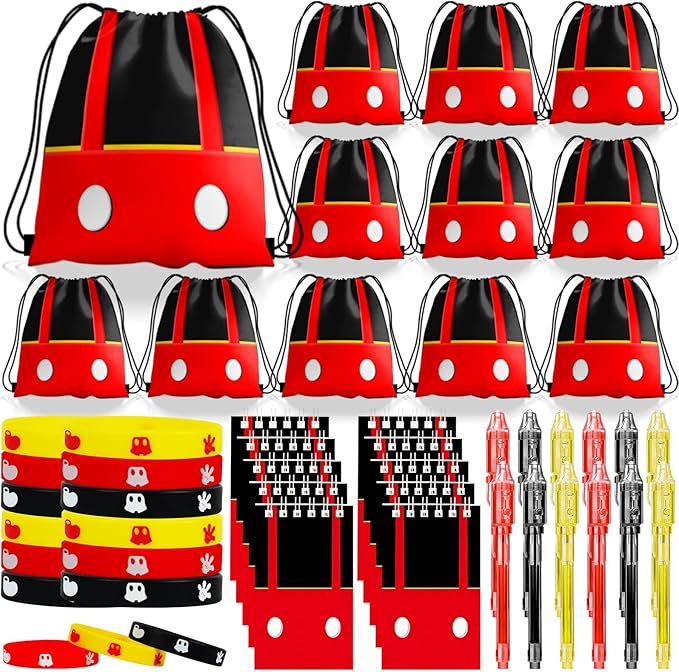 Cartoon Mouse Party Favors, Anime Themed Birthday Party Supplies & Goodie Bags for Kids, Include Drawstring Bags Notebook Silicone Bracelet Highlighter for Gifts Fillers