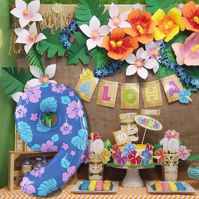 40 Inch Number 9 Balloon Leaf and Flower Birthday，9th Birthday Decorations for Kids' Parties Hawaii Party Supplies Favor Pink and Blue
