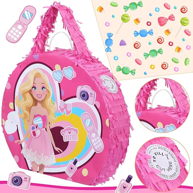 Soulchen Birthday Party Piñata Decorations Includes Eye Mask Stick Blindfold Confetti Birthday Party Camping Theme Favor Supplies(Pink Bag Piñata)