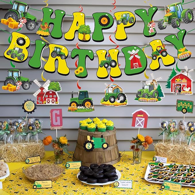 Zwiebeco Green Yellow Tractor Happy Birthday Banner Bunting Hanging Paper Swirls Garland Party Decorations for Farm Themed Baby Shower Kids Bday Decor Accessories Supplies