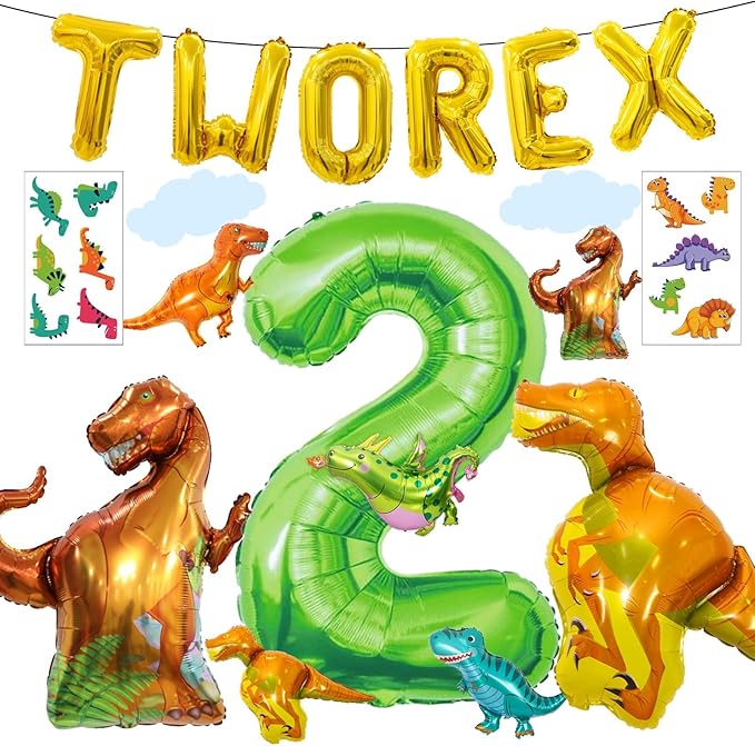16Pcs Two Rex Balloons, Two Rex Birthday Party Decorations Boy Dinosaur 2rd Birthday Party Supplies Include Dinosaur Foil Balloons Tattoo Stickers for 2 Years Old Birthday Decorations Boys