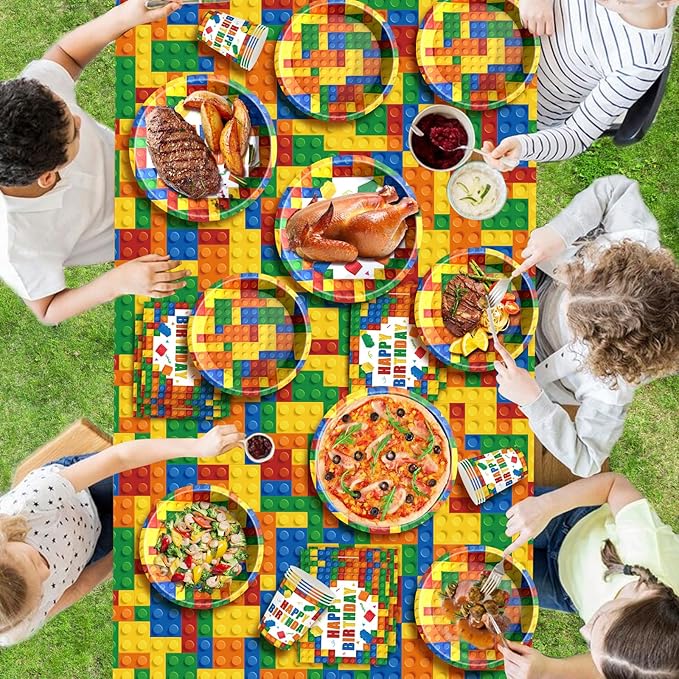 Building Block Birthday Party Supplies Colorful Building Block Party Decorations Includes Paper Plates Napkins Cups Banner Tablecloth for Boys Kid’s Birthday Party Decorations, Serve 24
