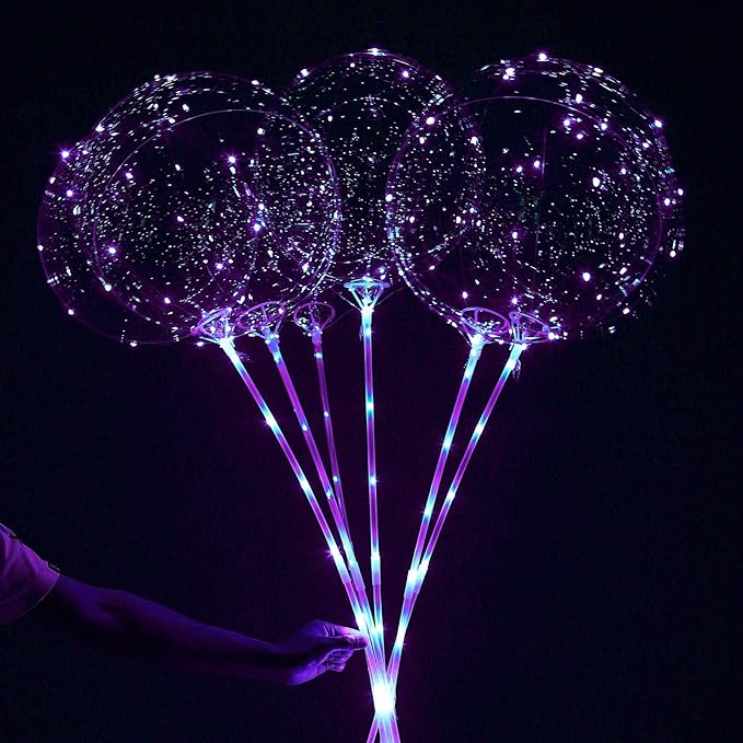 LED Balloons Light Up, 10 Pack LED Balloons with Sticks, 20 Inch Clear Bobo Balloon with Lights Helium Glow Bubble Lights for Party Supplies Valentines Decor (Purple)