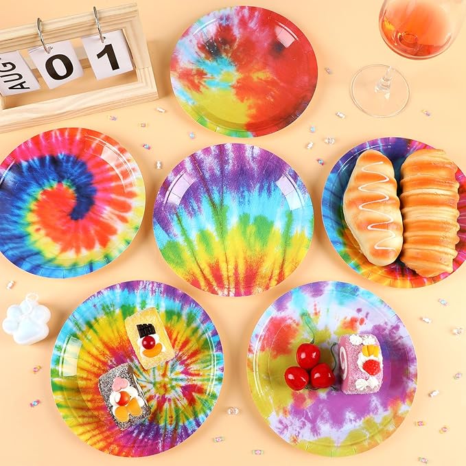 72PCS Tie Dye Birthday Plates Tie Dye Party Decorations Colorful Tableware Rainbow Plates Disposable Paper Plate Dessert Plates for Boys Girls Kids New Year Holiday Favors 6.7 * 6.7inch