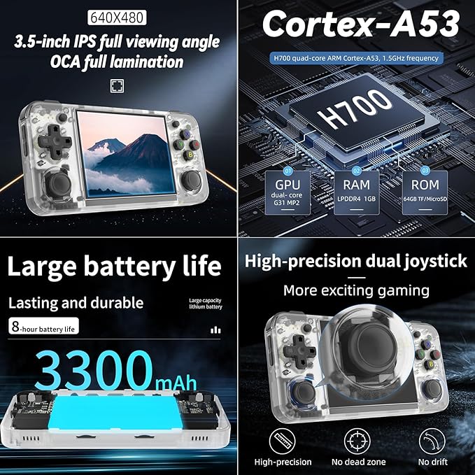 RG35XX H Retro Handheld Game Consoles rg35xxh Retro Gaming Console with 3300mAh Battery 5500+ Games 64G TF Card Linux System 3.5-inch IPS Screen Cortex-A53 rg35xx h Portable Handheld Emulator(White)