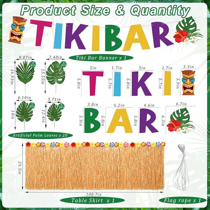 22 Pcs Tiki Bar Hut Kit with Banner 20 Realistic Palm Leaves and Gold Grass Table Skirt 108 x 29.5 in Tropical Luau Tiki Bar Decorations for Hawaiian Party Beach Pool Summer Luau Party Supplies