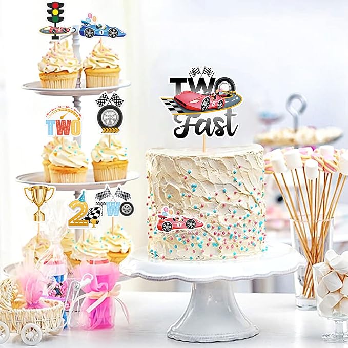 25PCS Race Car Cupcake Toppers Trophy Flag Racing Cake Selected Racing Theme, Car Theme Party Supplies Baby Shower Boy Birthday Party Cake Decoration