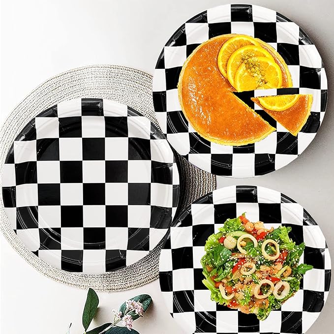 60Pcs Race Car Black and White Checkered Party Supplies - Racing Tableware Set with 7" Plates, Checkered Flag Napkins, Forks for Race Car Themed Birthday Party Decorations (Serves 20)