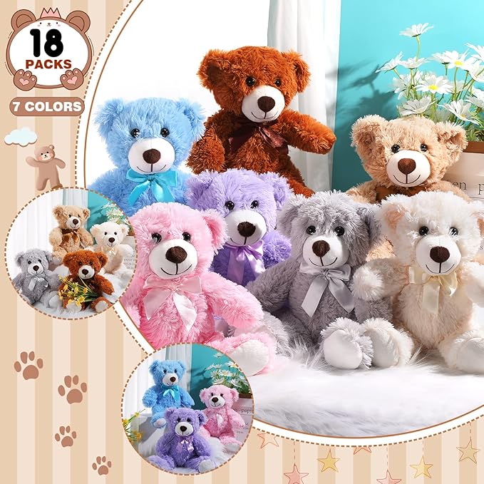 Zhanmai 18 Pcs 14 Inch Bears Stuffed Animal Bulk Gifts Plush Bear Toys for Birthday Baby Shower Graduation Party Favor(Mixed Colors)