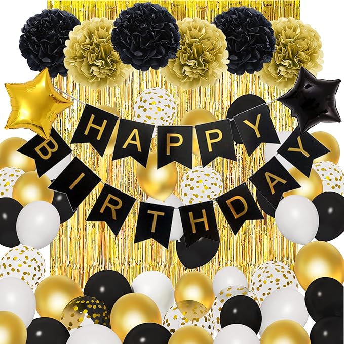 Amandir Black Gold Birthday Decorations for Men Women Black Gold White Confetti New Year Balloons Happy Birthday Banner Pom Poms Metallic Fringe Curtains 18th 30th 40th 50th 60th Party Supplies