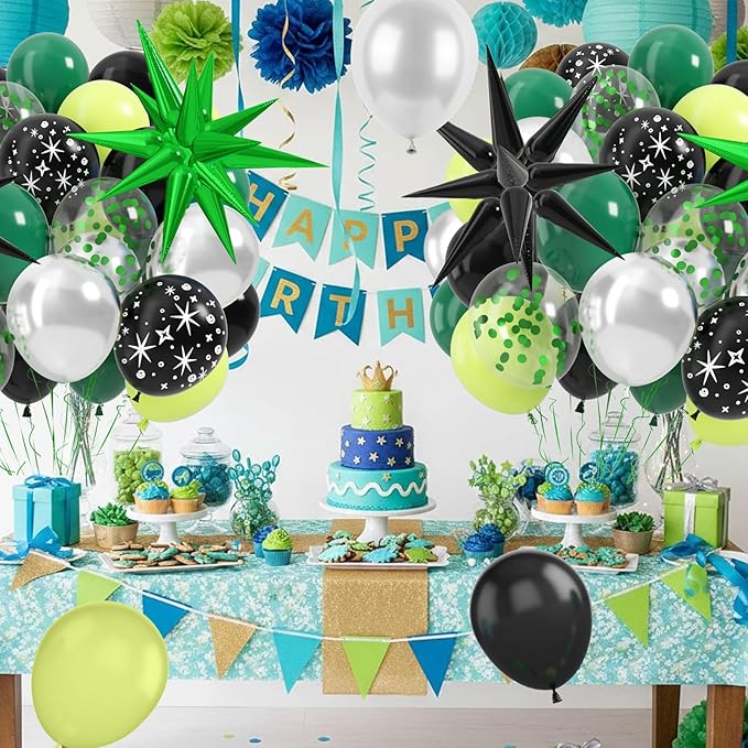 Black and Green Balloons, 12 Inch Space Party Decorations Green Black Silver Galaxy Print Foil Balloons for Alien Space Theme Galaxy Birthday Party Decorations