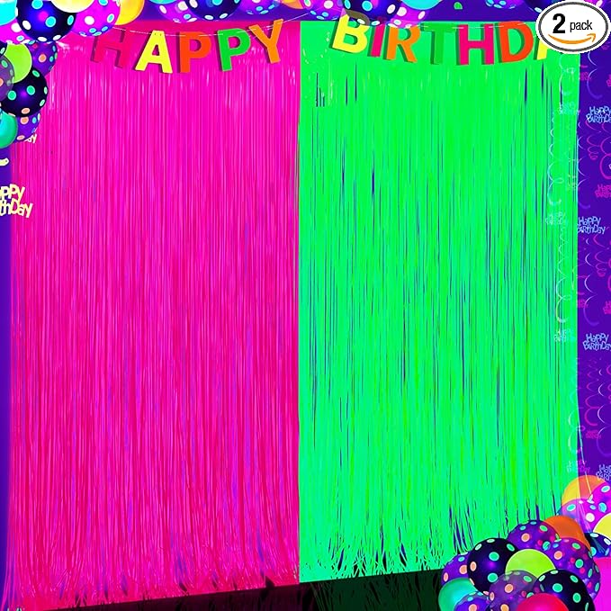 Glow in The Dark Party Supplies 2 Pack Neon Party Decorations Fluorescent Tinsel Foil Fringe Curtains Photo Booth Prop Backdrop Streamer Blacklight Decorations (Neon Hot Pink+Neon Green)