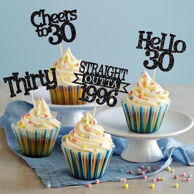 Ephlyn 24Pcs Happy 30th Birthday Cupcake Toppers Glitter Thirty Cupcake Picks Hello 30 Cheers to 30 Years Cake Decorations for 30th Birthday Anniversary Party Decorations Supplies Black
