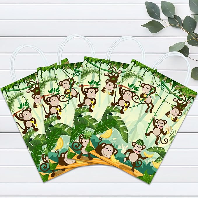 Tyndallrays 16 Pieces Monkey Goodie Bags for Birthday Party Supplies, Gift Snacks Treat Candy Favors for Kids Adults Jungle Theme Decorations