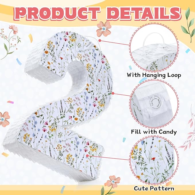 Wildflower Number Pinata Birthday Decorations Spring Floral Pinata with Stick Blindfold Confetti for Birthday Party Supplies Baby Shower Decor(Number 2)