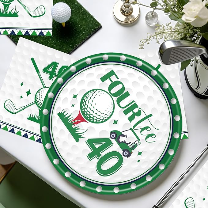 Rakuto Golf 40th Birthday Decorations - 50 Pcs Fourtee Golf Themed Party Plates and Napkins Decorations, Disposable Tableware Set Supplies Serves 25 Guests for Men Women Sports Birthday Party