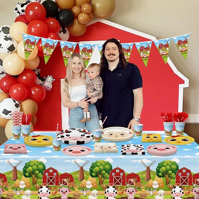 Farm Birthday Party Supplies, Including Farm Napkins Farm Animal Plates Tablecloth Banner and Dinnerware for Farm Theme Birthday Decorations, Serves 20