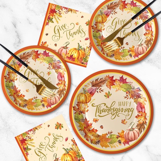 150 Pack Happy Thanksgiving Plates and Napkins Sets - Disposable Fall Paper Plates Napkins Dinnerware, Give Thanks Heavy Duty Dessert Dinner Plate for Thanksgiving Party Supplies Table Decor, Serve 50