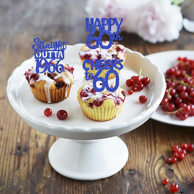 30 PCS 60th Birthday Cupcake Toppers Glitter Sixty Happy 60 Straight Outta 1966 Cupcake Picks for Cheers to 60 Fabulous 60th Birthday Anniversary Party Cake Decorations Supplier Blue