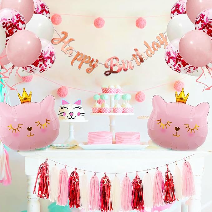 Cat Birthday Party Decoration Kitty Cat Balloons Cat Kitty Birthday MEOW Banner Meow Party Supplies Pink Cat Kitty Cake Decoration
