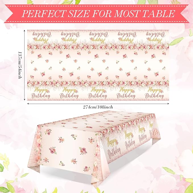 Tiamon 3 Pcs Happy Birthday Tablecloth Floral Table Cover Rose Gold Pink Disposable Plastic Decor for Girls Kids Baby Shower Party Supplies