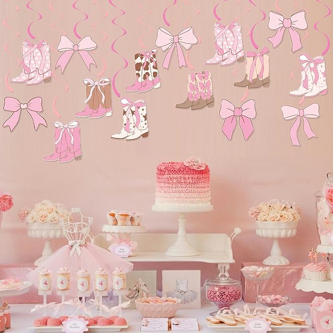 Cowgirl Coquette Hanging Swirls 20PCS Boots and Bows Hanging Decorations Pink Western Cowgirls Party Decorations Cowgirl Boots Hanging Streamers for Coquette Birthday Party Supplies