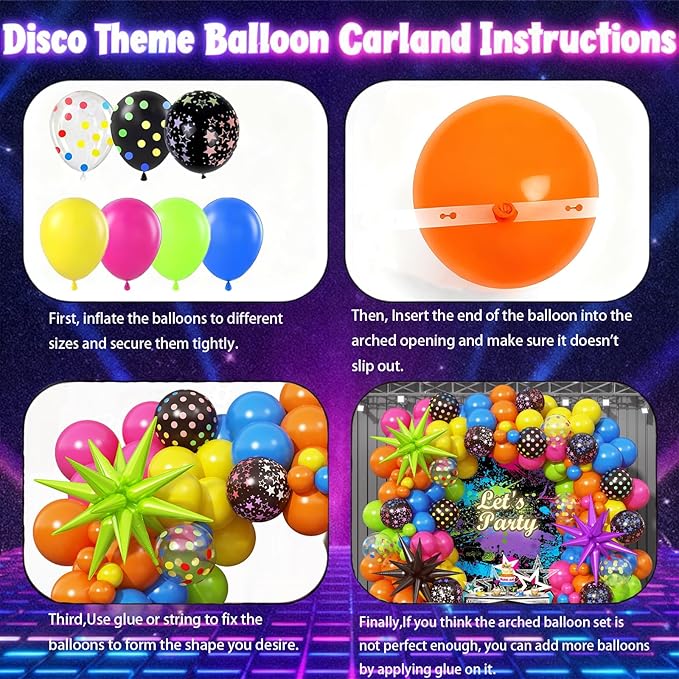 90s 80s Neon Balloon Arch Kit, 152pcs Disco Theme Party Decorations with Foil Star UV Neon Luminous Fluorescent Balloons for Back to 90s 80s Hip Hop/Disco Birthday Supplies, Rock Roll Party