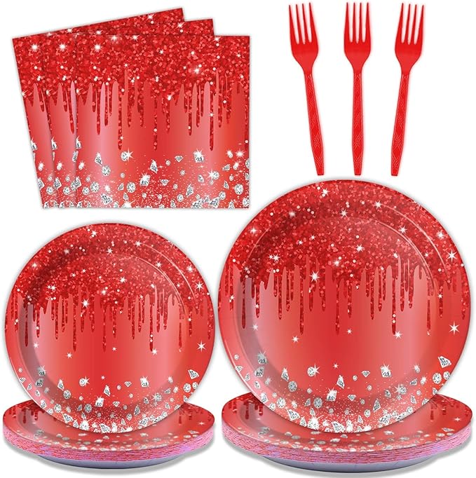 ZOIIWA 96 Pieces Red Birthday Tableware Set for Red Theme Silver Table Decorations Disposable Dessert Plates Napkins Forks for Women 24 Guests Diamonds Glitter Valentine's Day Birthday Party Supplies