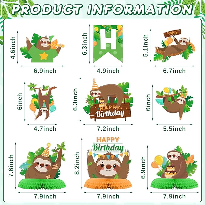 Sloth Birthday Party Decorations Set Sloth Theme Happy Birthday Banner Cake Toppers and 3 Pieces Honeycomb Table Centerpiece for Baby Shower