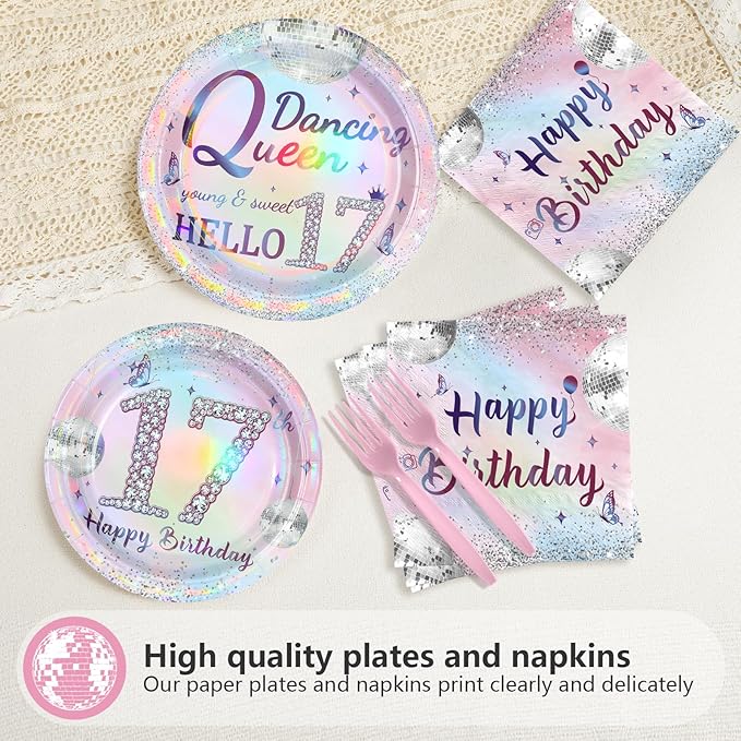 96Pcs 17th Birthday Party Decorations for Girls Dancing Queen Plates and Napkins Iridescence Silver Pink 17th Tableware for Girls Dancing Queen Seventeen Birthday Party Decorations Serve 24