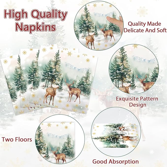 CHUNNIN 96Pcs Christmas Reindeer Paper Plates and Napkins Watercolor Deer Snow Pine Trees Snowflakes Party Decorations Winter Woodland Disposable Tableware for Xmas Holiday Birthday Party Supplies