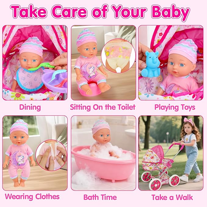 Baby Doll Stroller Set Toys for Girls Toddlers 3-5 4-6 5-7, Baby Doll Playset with 11" Doll, Bathtub and 20PCS Baby Doll Accessories, Baby Stroller Toys for 2 3 4 5 Year Old Girls Birthday Gifts