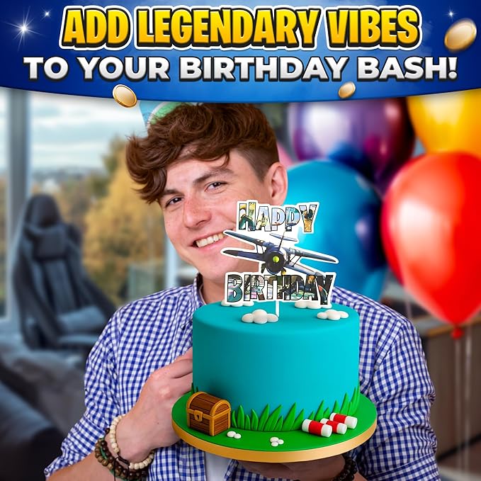 Video Game Cake Topper with 7 Action Figures & Large Logo - Sturdy Cardboard Cake Decorations, Easy Adjustment & Firm Installation - Creative Happy Birthday Cupcake Toppers for Boys & Girls