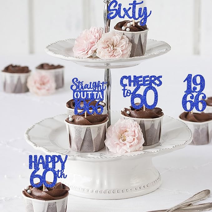 30 PCS 60th Birthday Cupcake Toppers Glitter Sixty Happy 60 Straight Outta 1966 Cupcake Picks for Cheers to 60 Fabulous 60th Birthday Anniversary Party Cake Decorations Supplier Blue