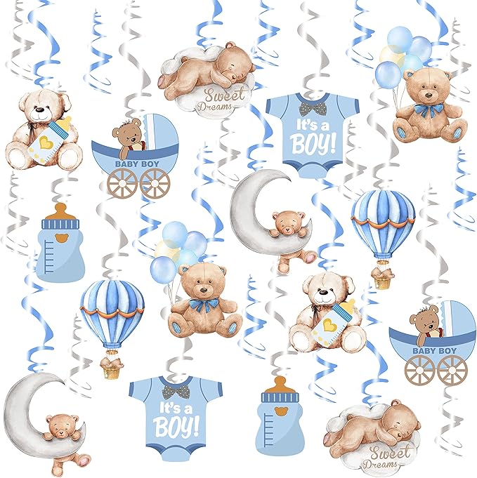 Baby Shower Bear Ceiling Swirls(30Pcs Fully-Assembled), It's A Boy Baby Shower Party Supplies Double Side Cute Swirls Birthday Party Decorations, Baby Shower Favor Supplies Decor Gender Reveal Prop