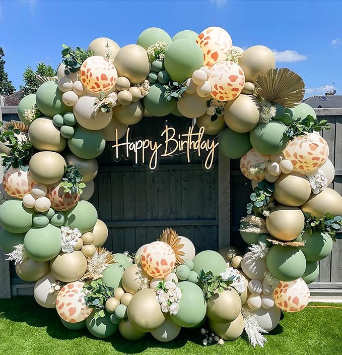 Safari Balloon Garland Kit with Sage Green sand White Gold and Jungle giraffe animal print balloons for Woodland Themed Giraffe Wedding Two Wild One Birthday Party decorations supplies