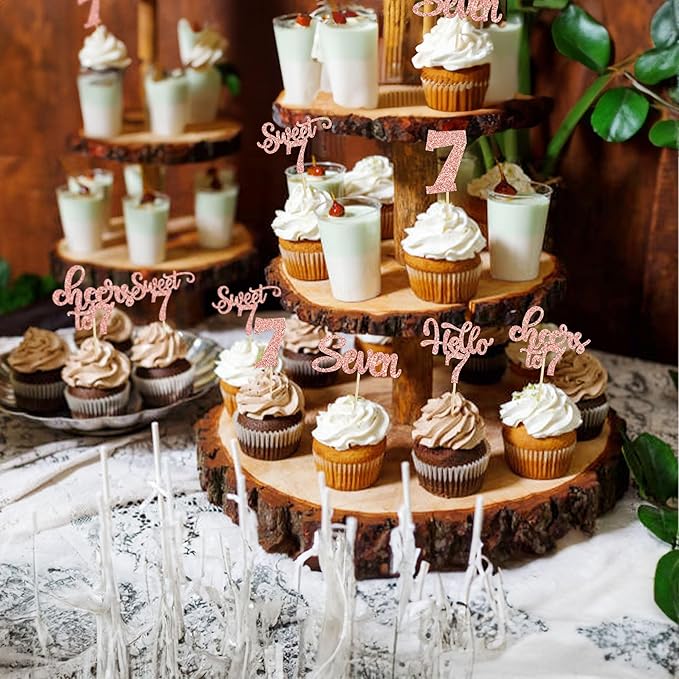 30Pcs 7th Birthday Cupcake Toppers Glitter Seven Happy 7 Cupcake Picks Cheers to 7 Years Old Cake Decorations for 7th Birthday Party Supplies Rose Gold