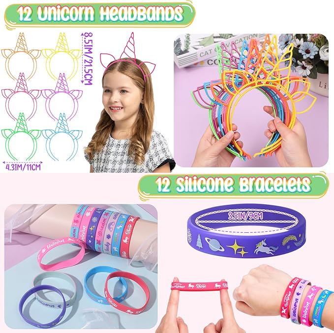 Winrayk 146Pcs Unicorn Party Favors Birthday Supplies Girls, Headband Bag Bracelet Stamper Keychain Slap Bracelet Tattoo Sticker Ring, Goodie Stuffer Pinata Filler Rainbow Unicorn Party Supplies Decor
