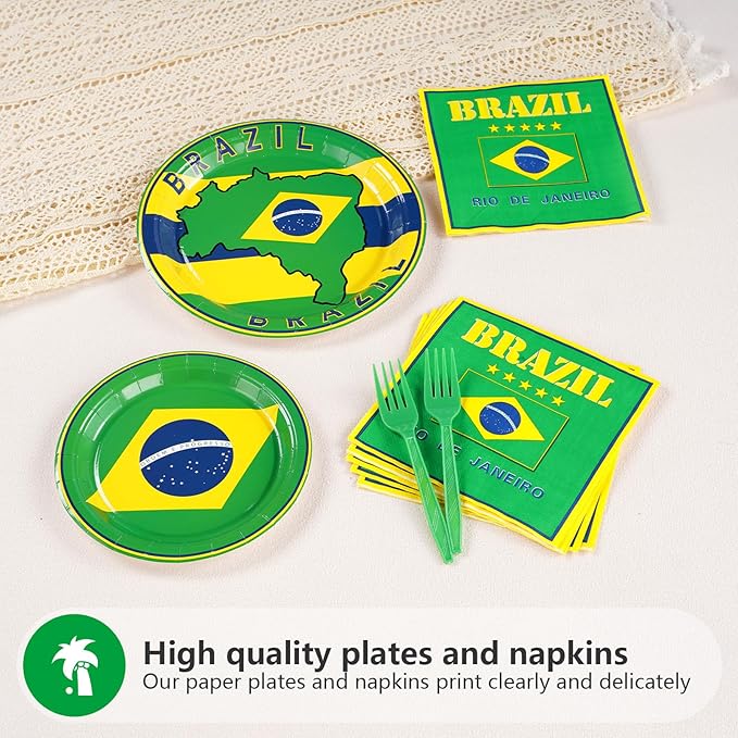 96 Pcs Brazil Flag Birthday Party Supplies Brazil Flag Party Plates and Napkins Disposable Brazilian Flag Tableware Set for Brazil Party Decorations Patriotic Event Birthday Family Gathering Serves 24